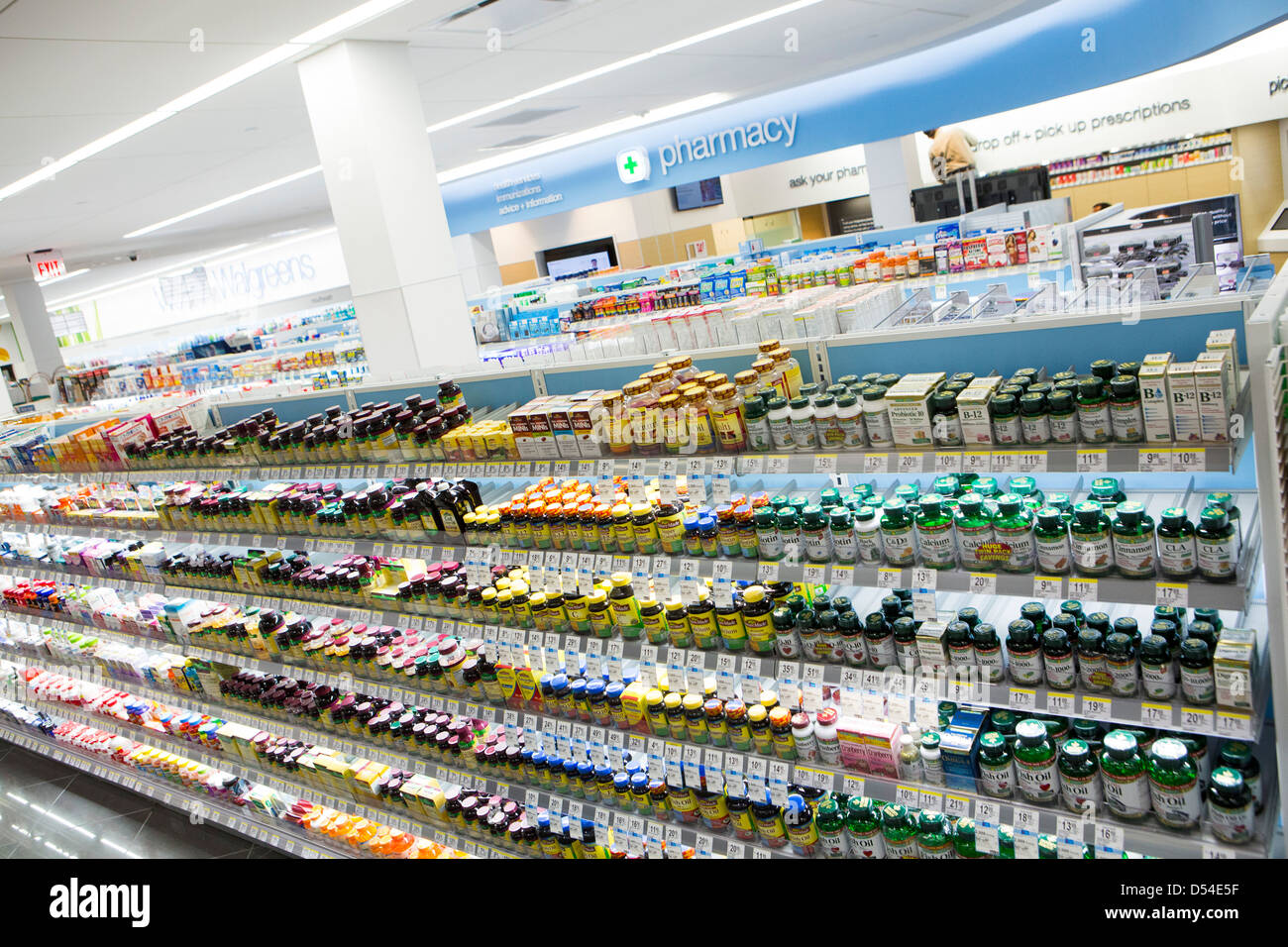Vitamins and other supplements on display at a Walgreens Flagship store.  Stock Photo