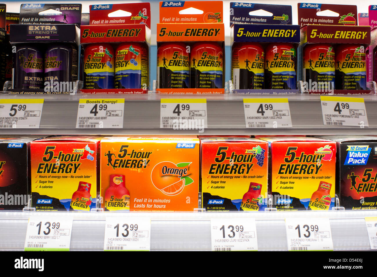 5-hour energy drink products on display at a Walgreens Flagship store. Stock Photo