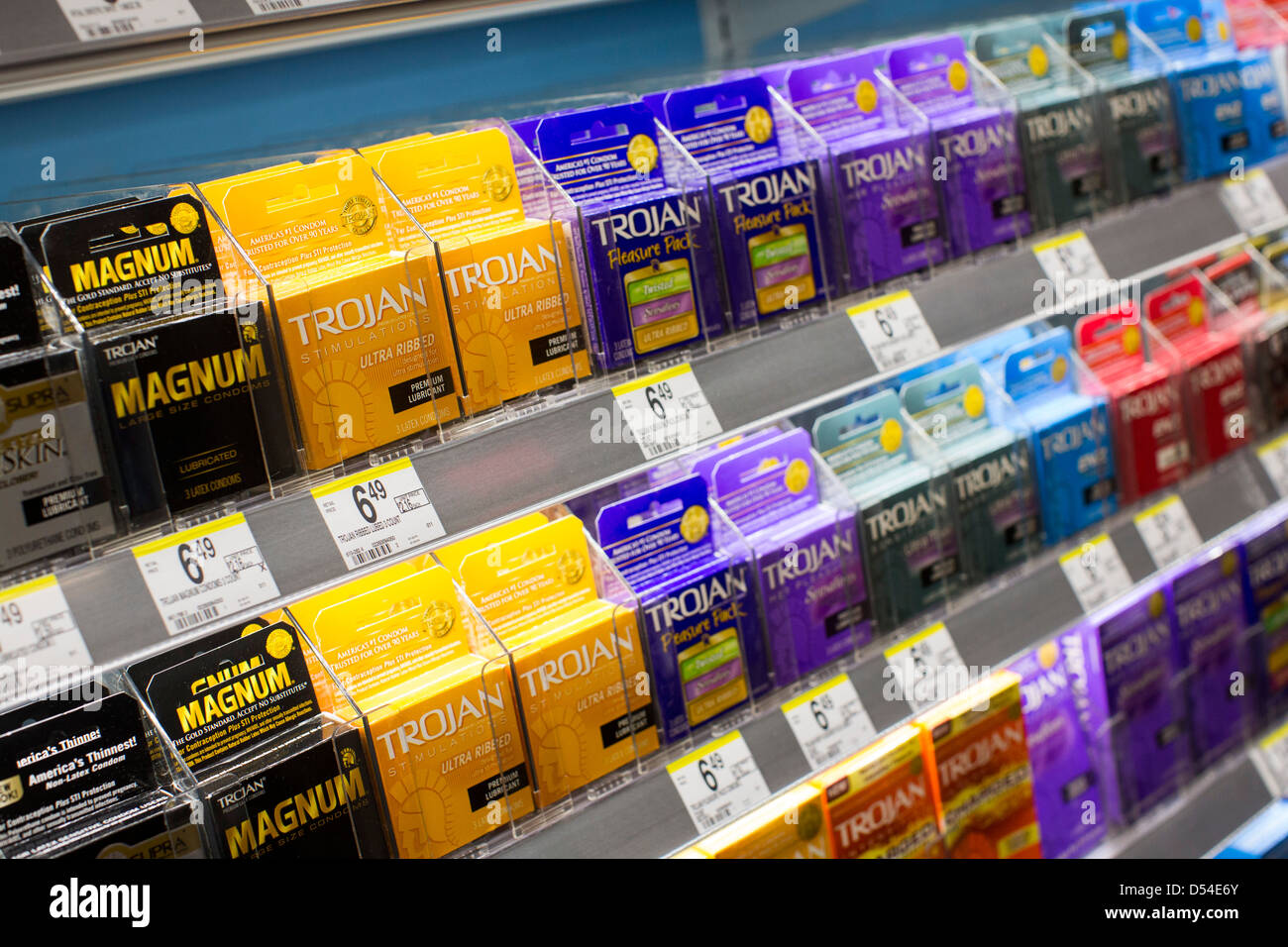 Trojan condom products on display at a Walgreens Flagship store.  Stock Photo