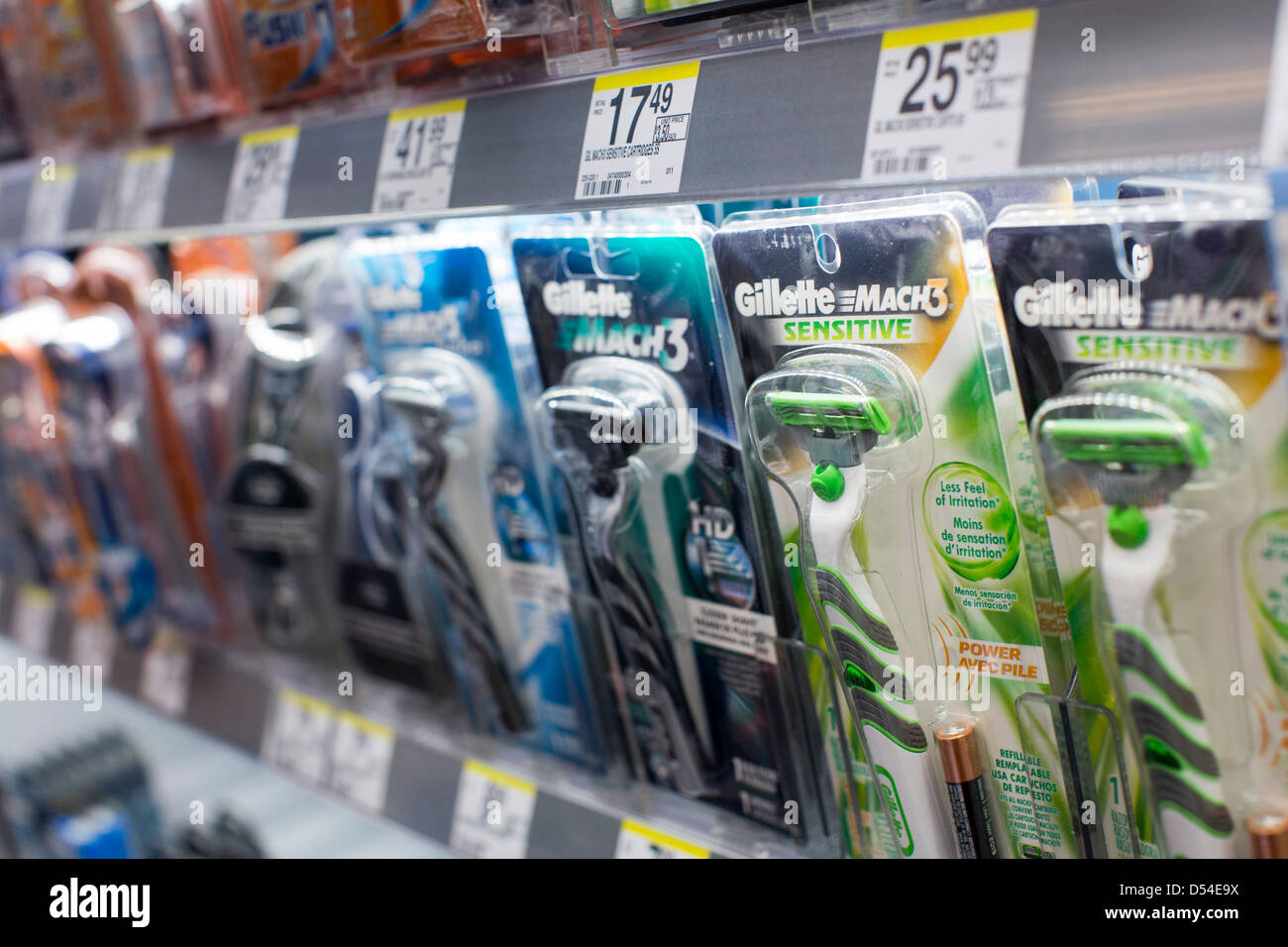 Gillette shaving products on display at a Walgreens Flagship store. Stock Photo