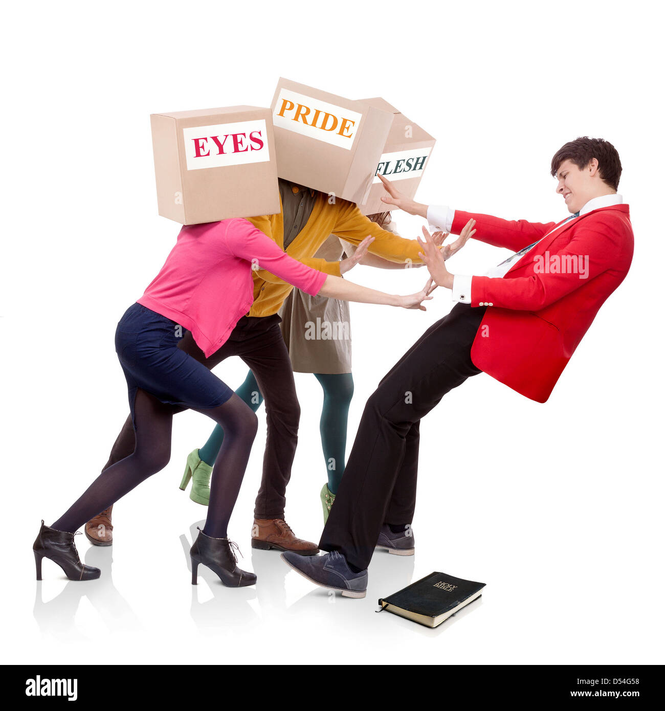 Three people with boxes in the head that push a young man to fall down. Spiritual concept. Stock Photo