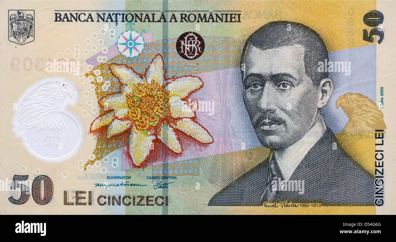 Portrait of romanian flight pioneer Aurel Vlaicu on the front side of a romanian 50 Lei banknote. Stock Photo