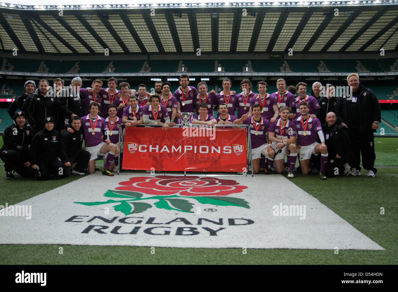 London, UK. 24th March, 2013. BUSC Champions Durham University pose for photos at the men's final at the British Universities & Colleges championships in Twickenham Stadium, London. Stock Photo