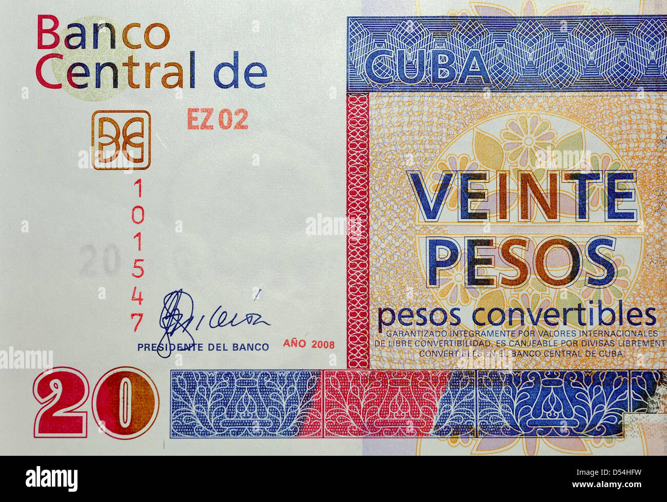 March 20, 2013 - Havana, Cuba - A Cuban Convertible 20 Peso (CUC) bill is seen in Havana, Cuba on Tuesday, March 19, 2013. Currently, the CUC has an exchange rate of $1.00 despite the fact that US Dollars are not accepted anywhere in Cuba. (Credit Image: © Josh Edelson/ZUMAPRESS.com) Stock Photo