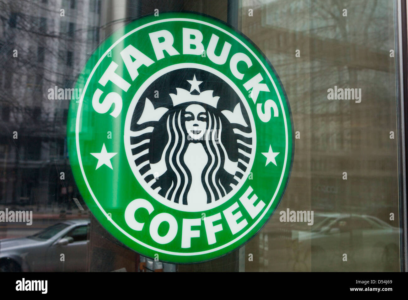 Starbucks coffee logo in window - USA Stock Photo
