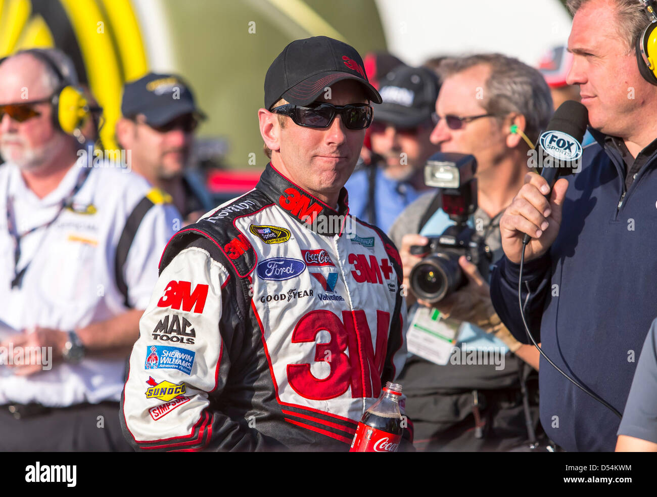 March 22, 2013 - Fontana, CA, U.S. - FONTANA, CA - MAR 22, 2013: Greg Biffle (16) prepares for a practice session for the Auto Club 400 at Auto Club Speedway in FONTANA, CA. Stock Photo