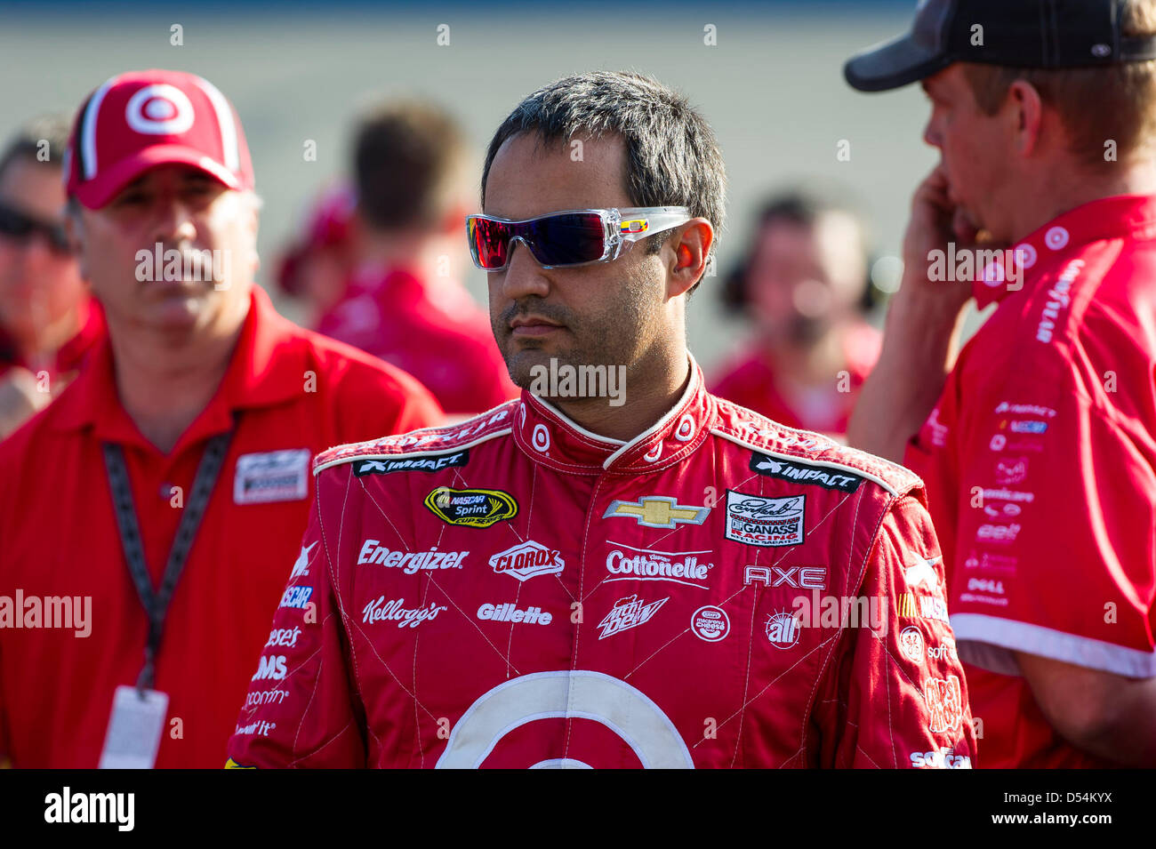 March 22, 2013 - Fontana, CA, U.S. - FONTANA, CA - MAR 22, 2013: Juan Pablo Montoya (42) prepares for a practice session for the Auto Club 400 at Auto Club Speedway in FONTANA, CA. Stock Photo