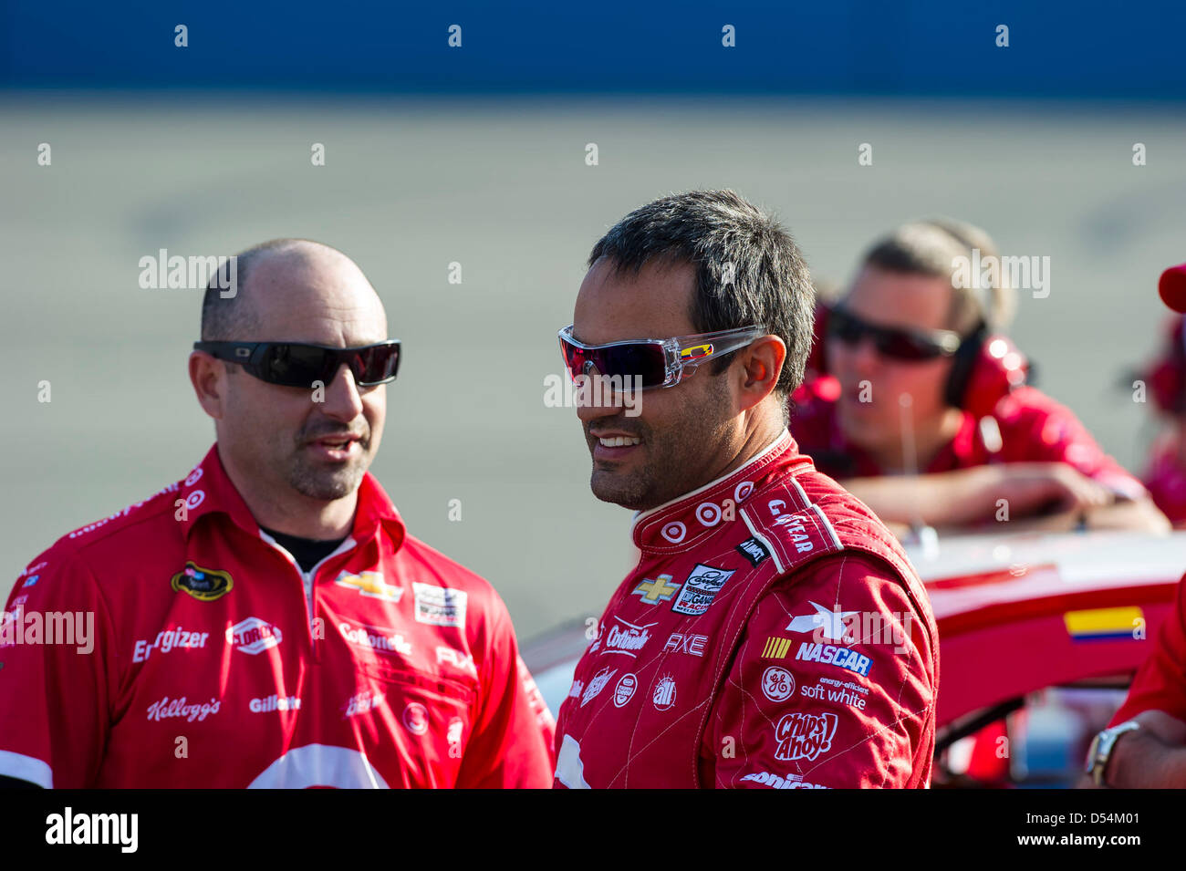 March 22, 2013 - Fontana, CA, U.S. - FONTANA, CA - MAR 22, 2013: Juan Pablo Montoya (42) prepares for a practice session for the Auto Club 400 at Auto Club Speedway in FONTANA, CA. Stock Photo
