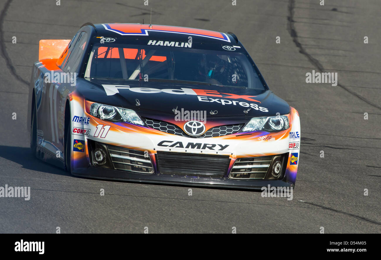 Fontana, California, USA. 23rd March 2013. Denny Hamlin (11) prepares for a practice session for the Auto Club 400 at Auto Club Speedway in FONTANA, CA on {month name} 23, 2013. Credit:  Cal Sport Media / Alamy Live News Stock Photo