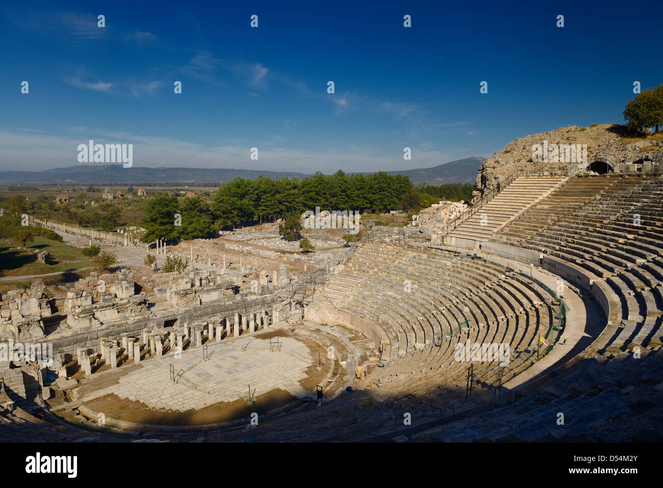 Morning sun on empty ruins of Ephesus outdoor theater on Mount Panayir Turkey Stock Photo