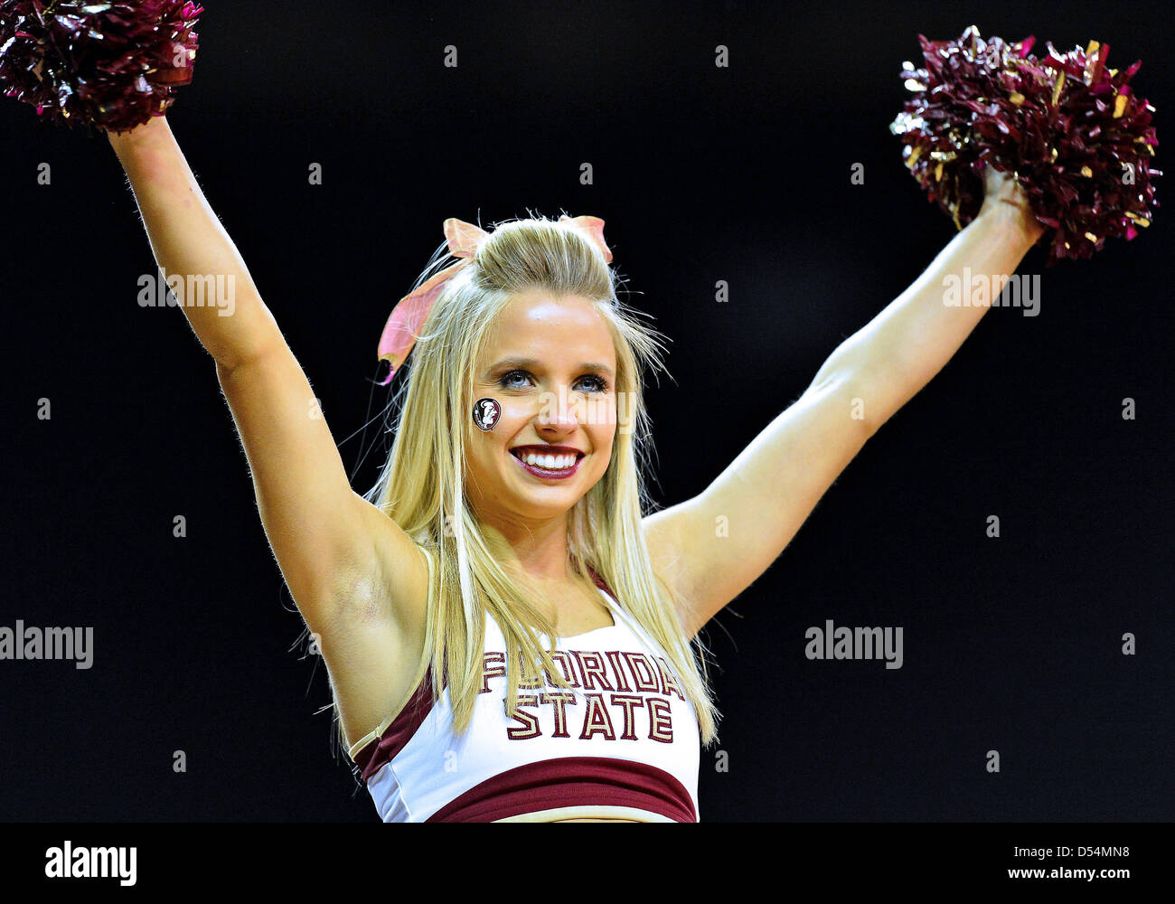 March 24, 2013 - Waco, TX, U.S - March 24, 2013..Florida State cheerleader during first round of NCAA Women's Basketball regional tournament at Ferrell Center in Waco, TX. Florida State defeat Princeton 60-44 to advance to the second round of the tournament. Stock Photo