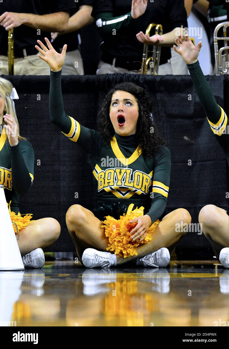 March 24, 2013 - Waco, TX, U.S - March 24, 2013..Baylor cheerleader react during first round of NCAA Women's Basketball regional tournament at Ferrell Center in Waco, TX. Baylor defeat Prairie A&M 82-40 to advance to the second round. Stock Photo