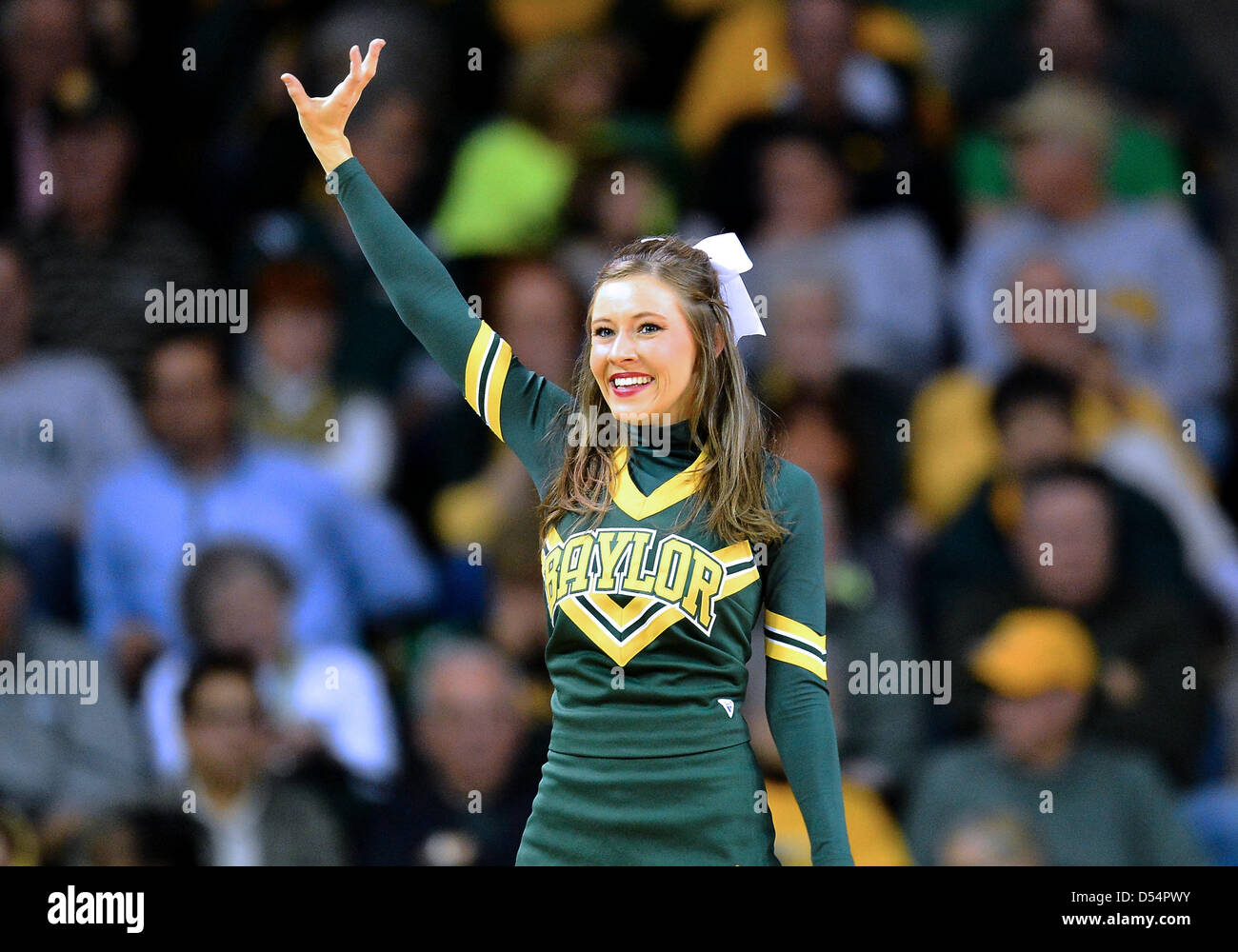 March 24, 2013 - Waco, TX, U.S - March 24, 2013..Baylor cheerleader during first round of NCAA Women's Basketball regional tournament at Ferrell Center in Waco, TX. Baylor defeat Prairie A&M 82-40 to advance to the second round. Stock Photo