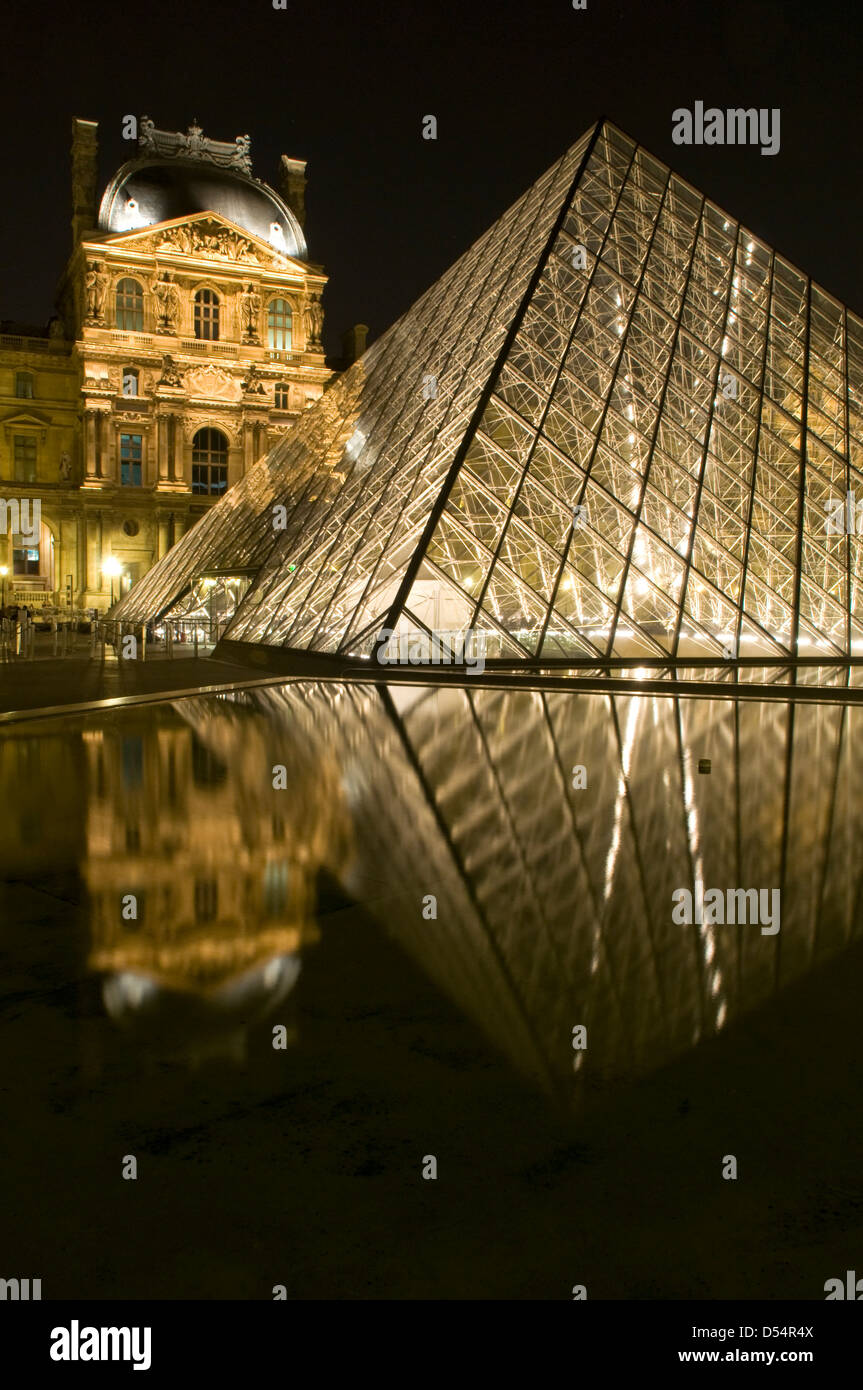 The Louvre Pyramid at Night, Paris, France Stock Photo