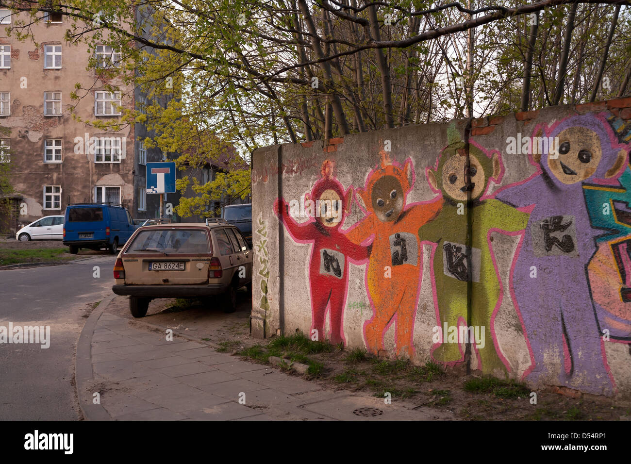 Gdansk, Poland, the Teletubbies painted on a wall Stock Photo