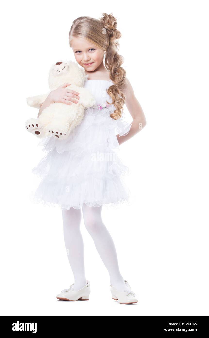 Lovely smiling girl with white teddy bear Stock Photo - Alamy