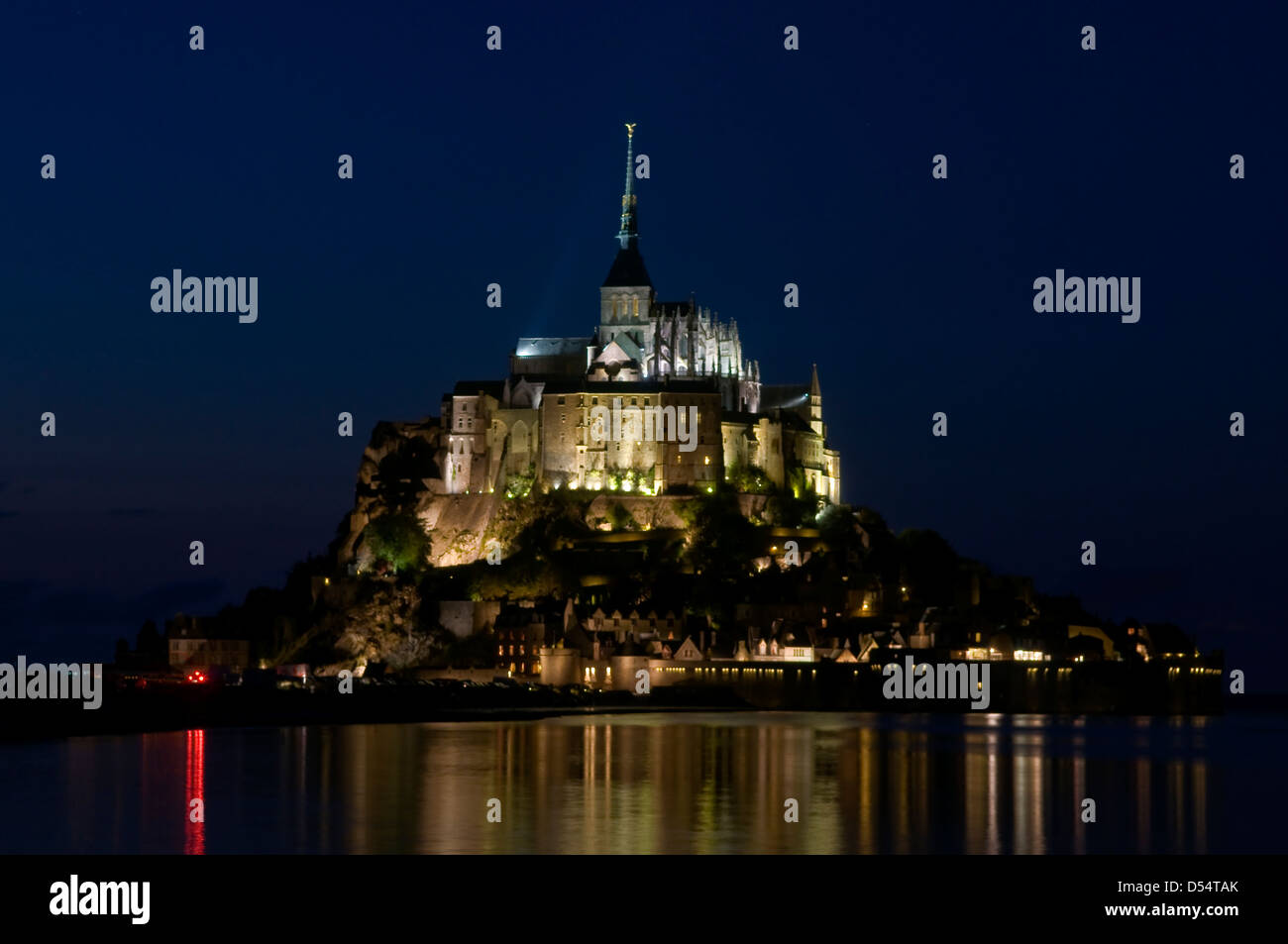 Le Mont St Michel at Night, Normandy, France Stock Photo