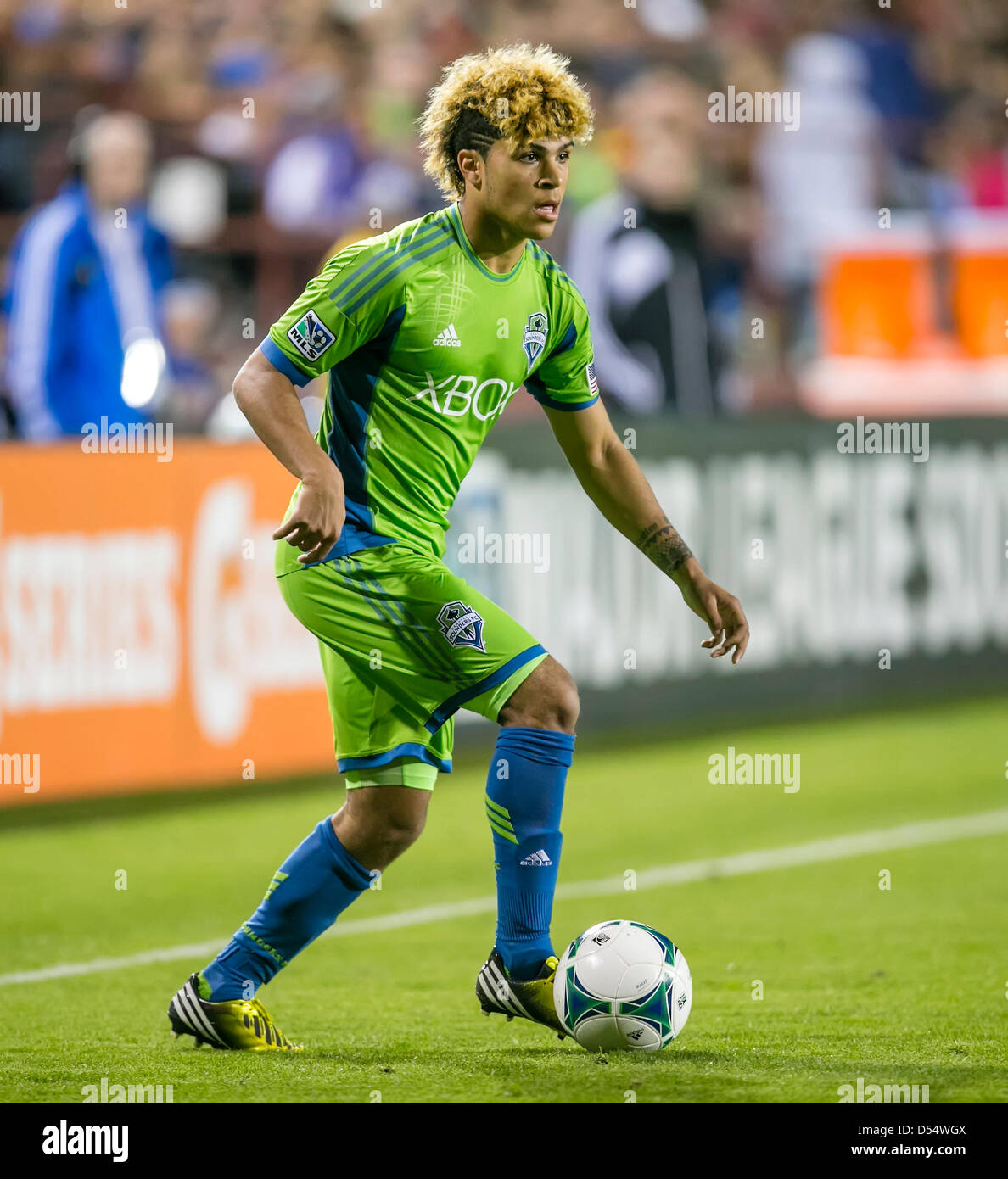 Santa Clara, California, USA. 23rd March 2013. Seattle Sounders defender DeAndre Yedlin in action during the the MLS game between the Seattle Sounders and the San Jose Earthquakes at Buck Shaw Stadium in Santa Clara CA. San Jose defeated Seattle 1-0. Credit:  Cal Sport Media / Alamy Live News Stock Photo