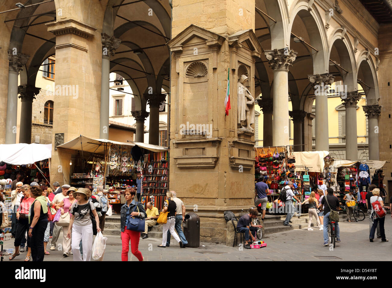 The Loggia del Mercato Nuovo has a market selling leather goods and souvenirs and is a popular tourist destination in Florence. Stock Photo