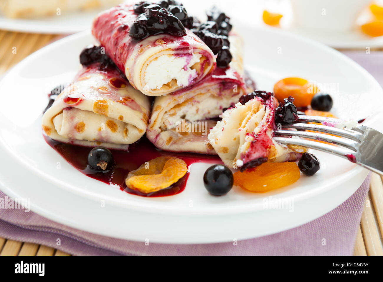 Crepes With Cottage Cheese And Berry Jam Food Closeup Stock Photo