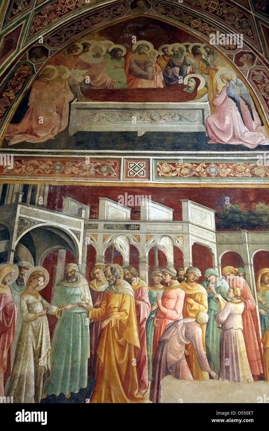 The fresco 'Wedding of Mary' by Lorenzo Monaco in the Salimbeni Chapel of the Chiesa di Santa Trinita in Florence Italy. Stock Photo
