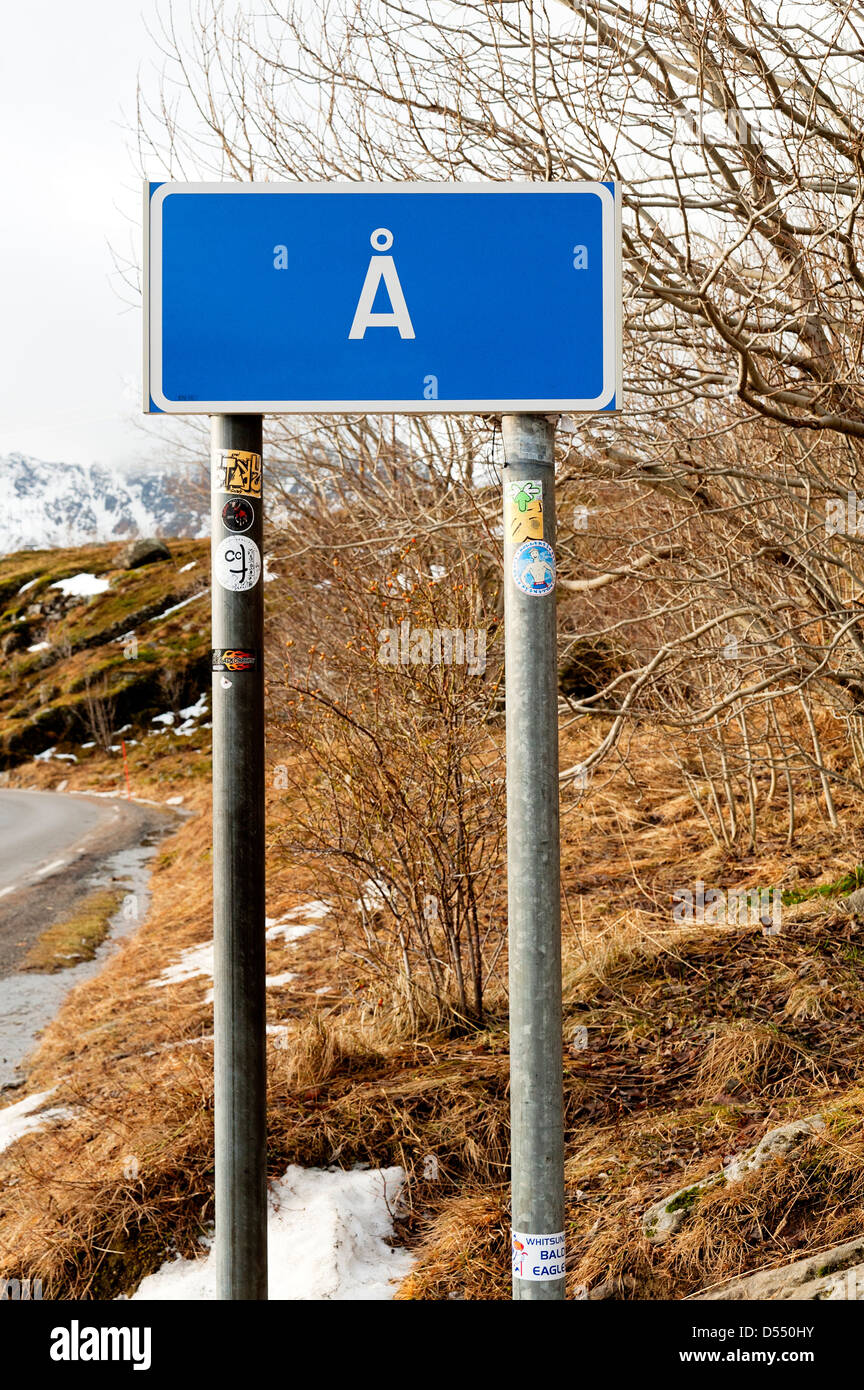 The world's shortest village name at A on the Lofoten Islands, Norway Stock Photo