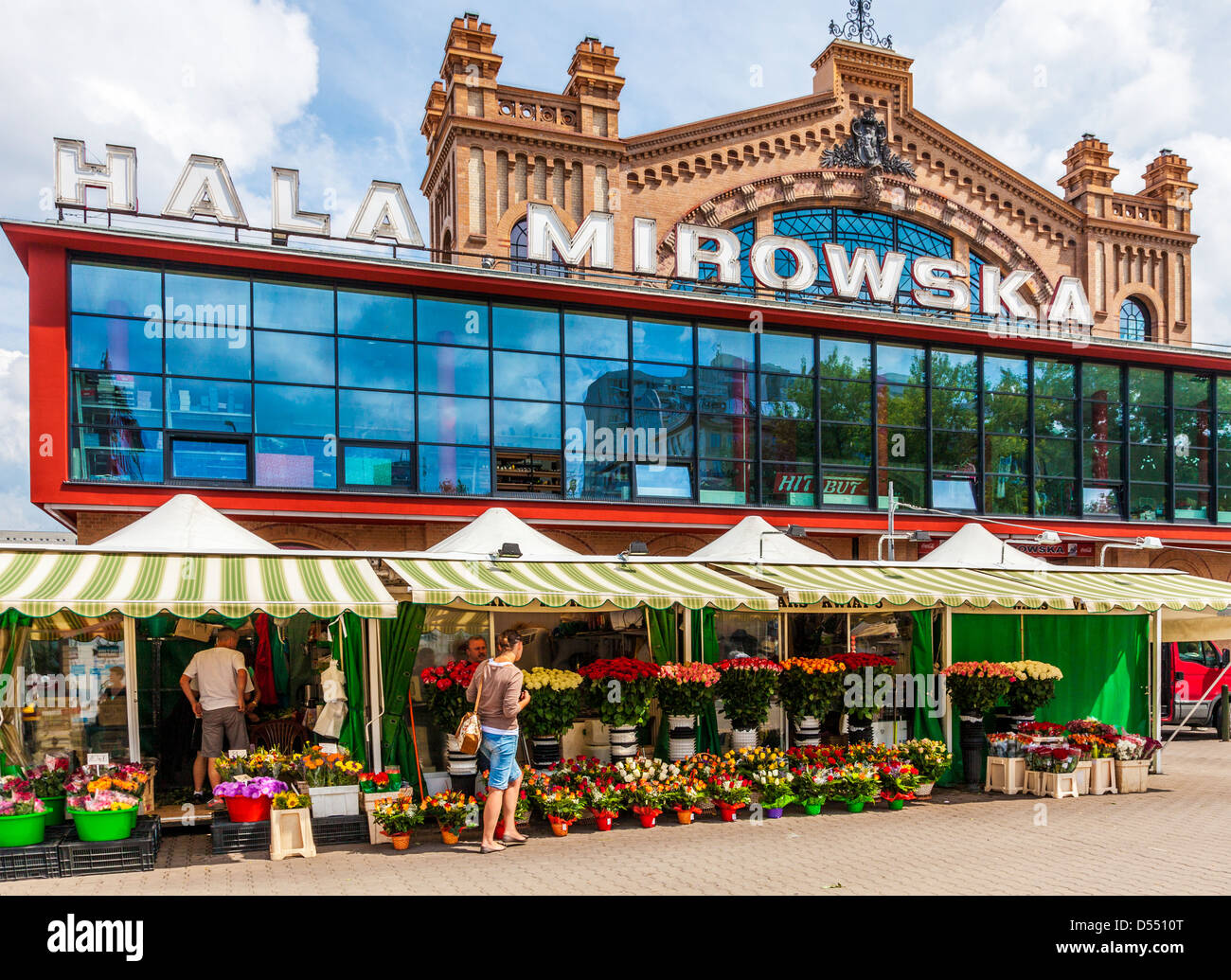 Flower stalls outside Hala Mirowska market in Warsaw, Poland. Stock Photo