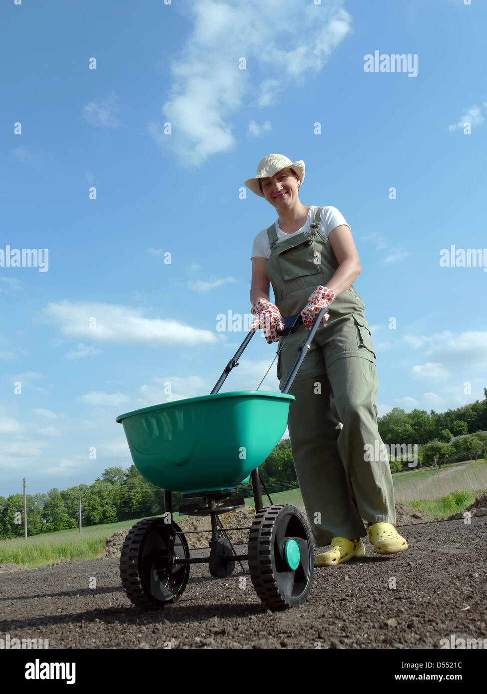 Female gardener spreading grass seeds using manually operated seeder Stock Photo