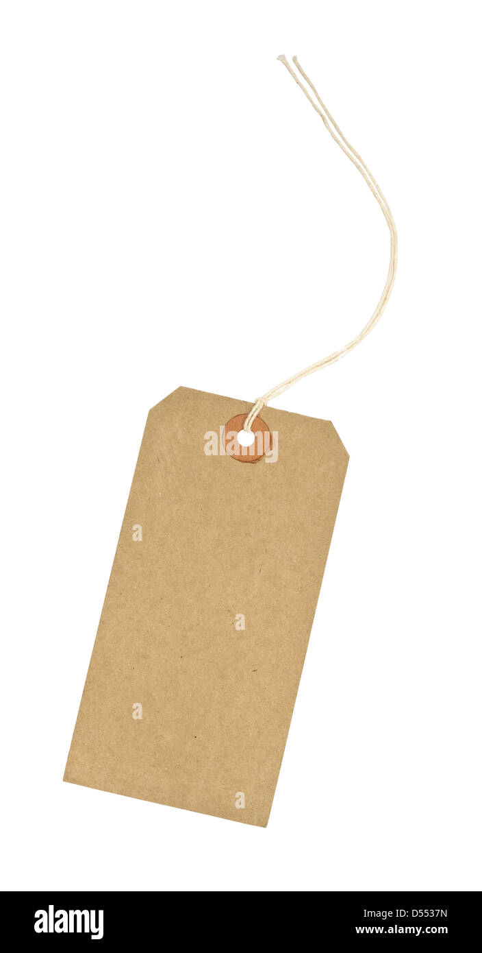 traditional cardboard price tag with white string threaded through the reinforced hole isolated against a white background Stock Photo