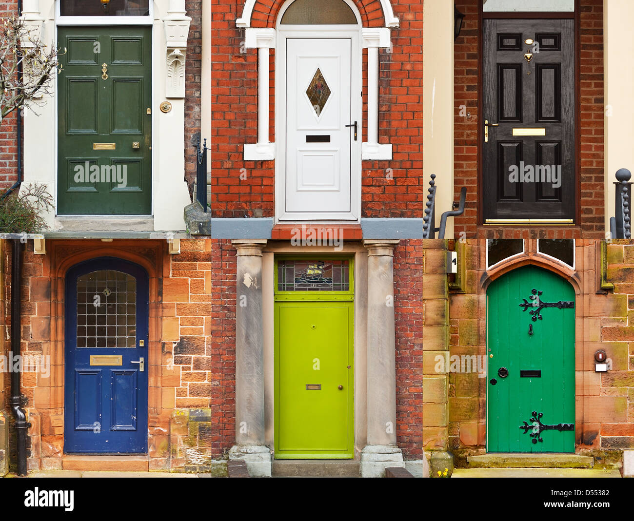 A selection of residential front doors good for estate agents and symbolising opening new doors Stock Photo