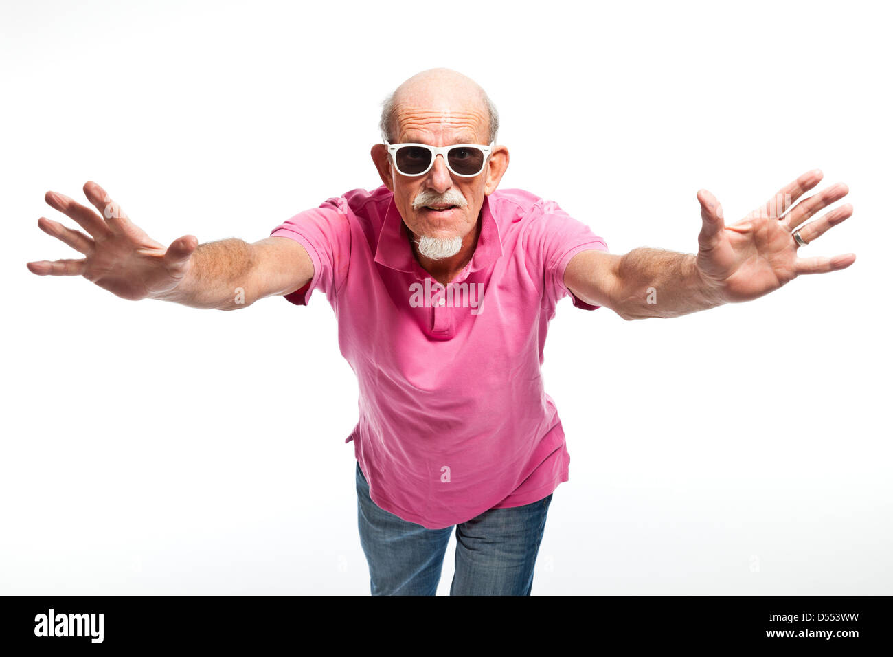 Funny expressive senior man with sunglasses. Isolated. Stock Photo