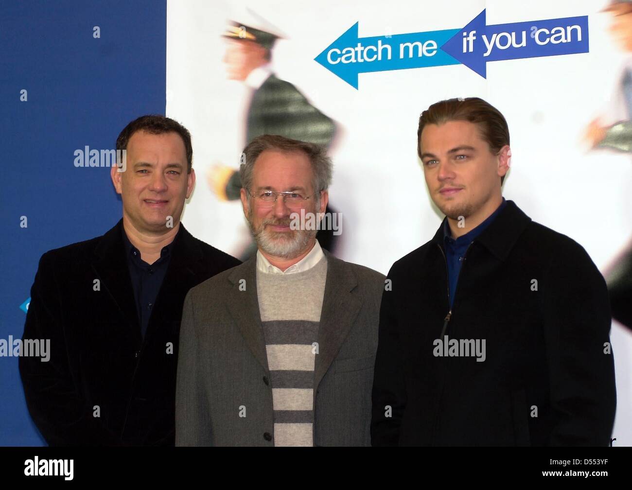 Tom Hanks, Steven Spielberg and Leonardo DiCaprio (l-r) at the press  conference of the new film "Catch me if you can" in Berlin Stock Photo -  Alamy