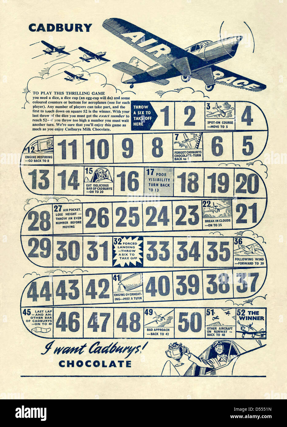 1956 advert for Cadburys milk chocolate. The illustration shows a propeller plane and an air race board game Stock Photo