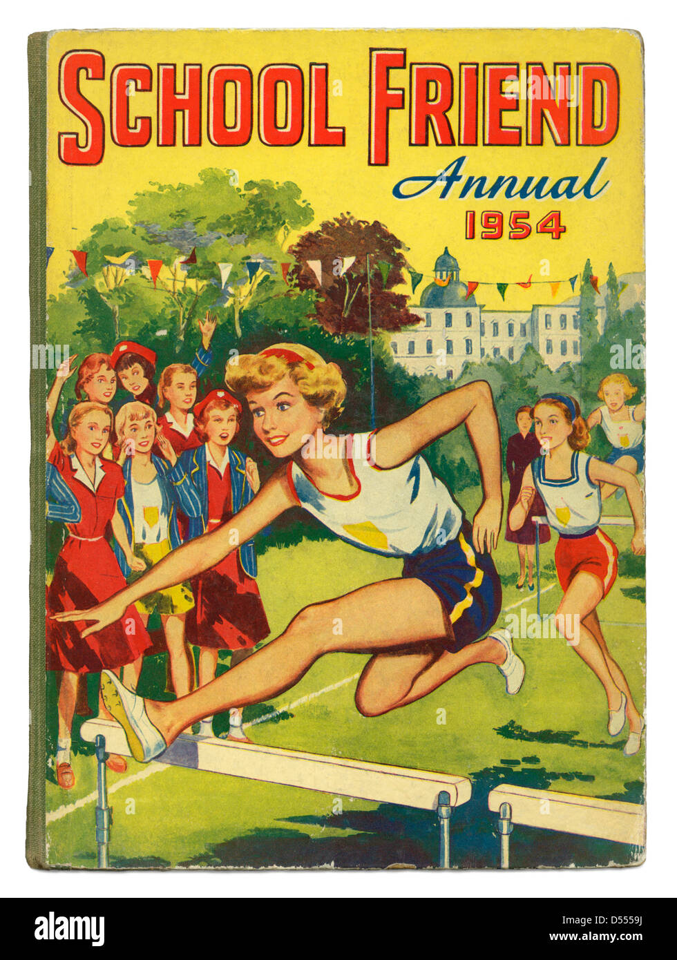 The School Friend girl's annual 1954 featured a hurdles race for girls at sports day in a public (private) school on the cover Stock Photo