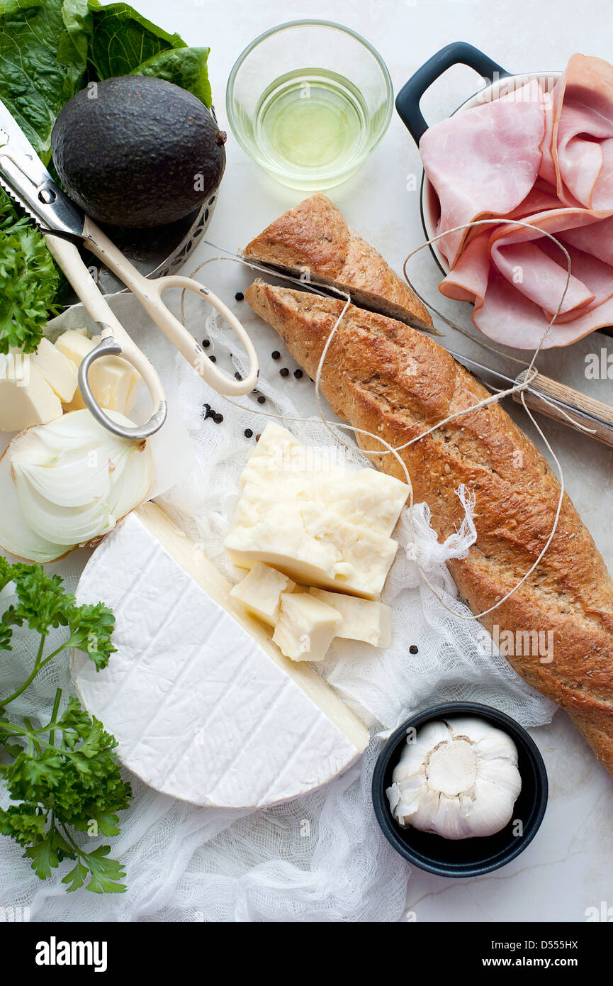 Bread, meat, cheese and oil Stock Photo Alamy