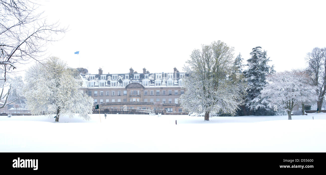 Panorama of Gleneagles Hotel, Perthshire, visible through a snow blizzard on 3rd April, 2012 Stock Photo