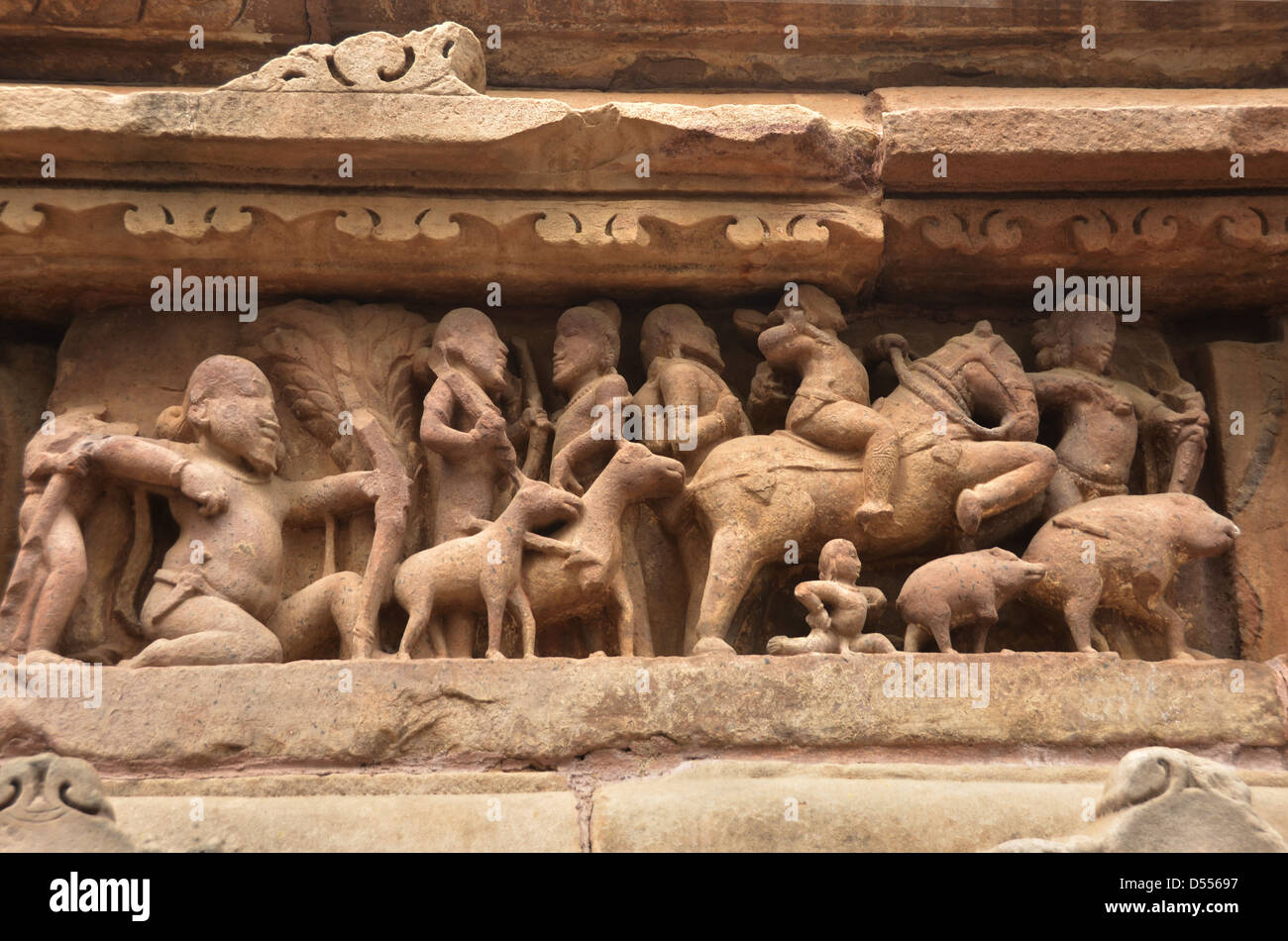 Hunting, carvings on Temple walls at Khajuraho AD 930-950 Stock Photo