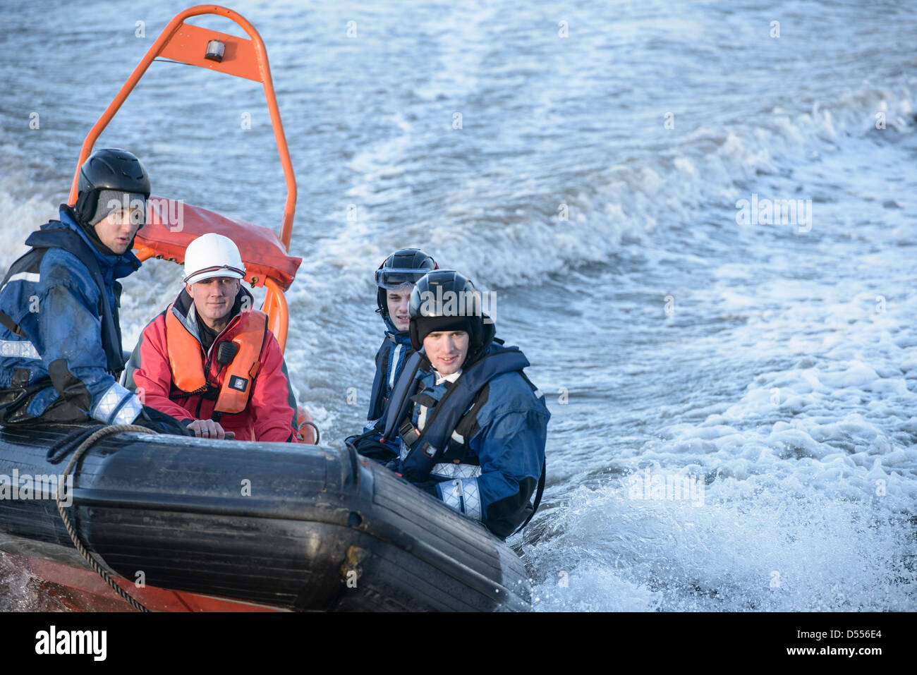 Rescue boat training in open water Stock Photo