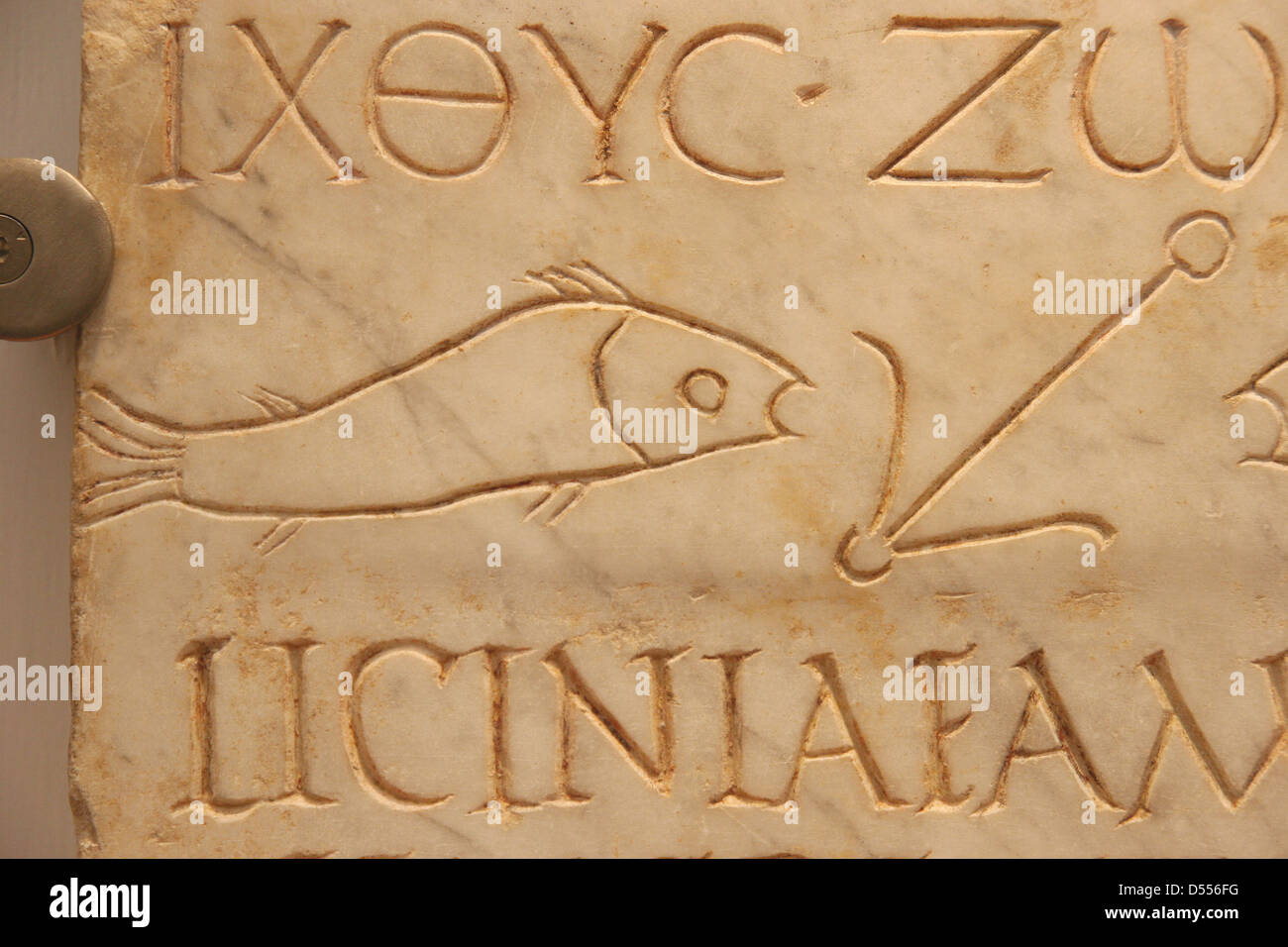 Early Christians. Roman tombstone depicting a fish. Vatican Necropolis. Early 3rd century A.D. Baths of Diocletian. Stock Photo