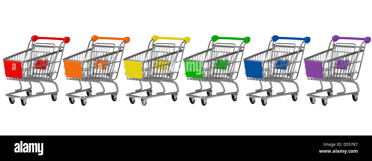 Six shopping carts in rainbow colors in a row Stock Photo