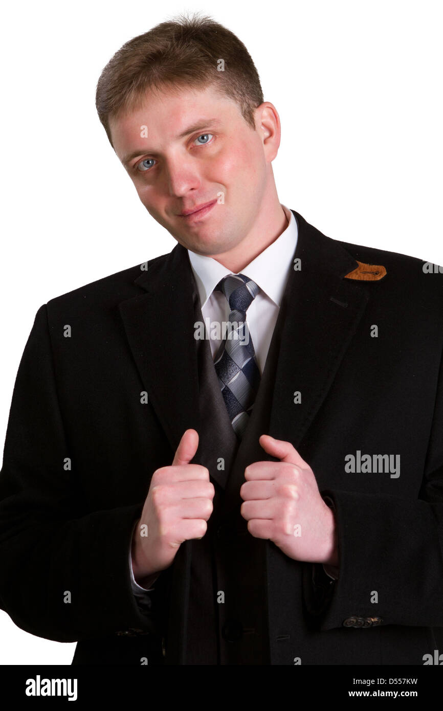 Young handsome man in black suit smiling isolated on white background ...