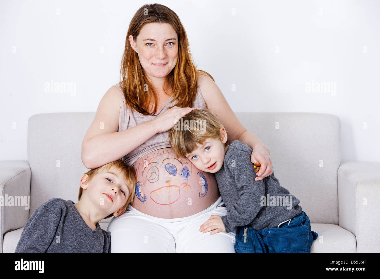 Children Drawing On Pregnant Mother Stock Photo 54820606 Alamy