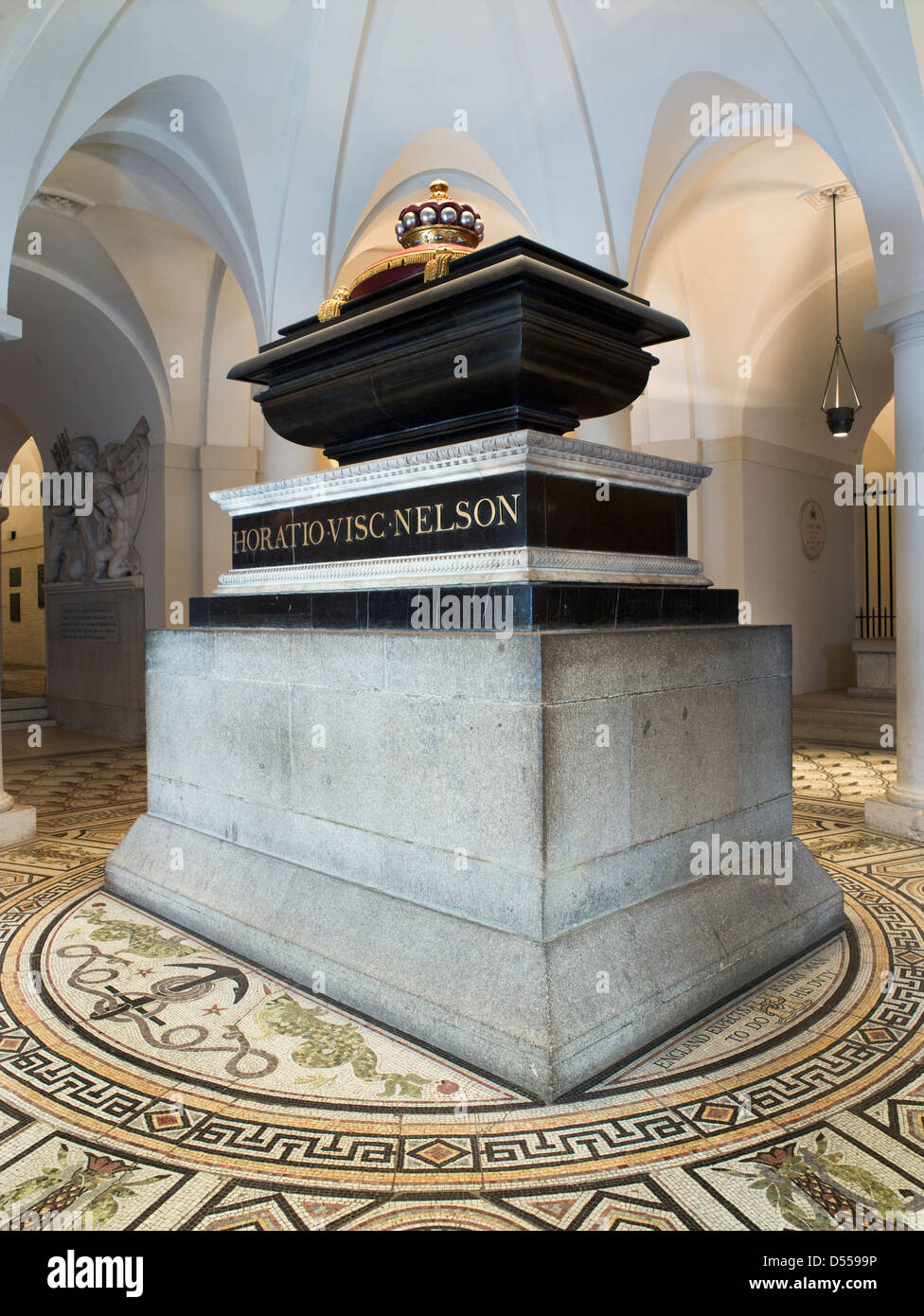Saint Paul's Cathedral, London. Tomb of Admiral Lord Nelson (Horatio), designed by John Flaxman. In the crypt. Stock Photo