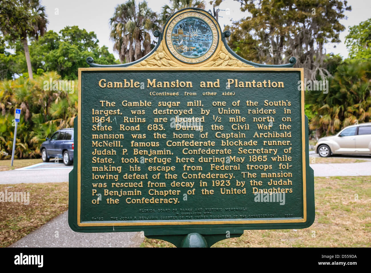 The Gamble Mansion and Plantation historical placard in the town of