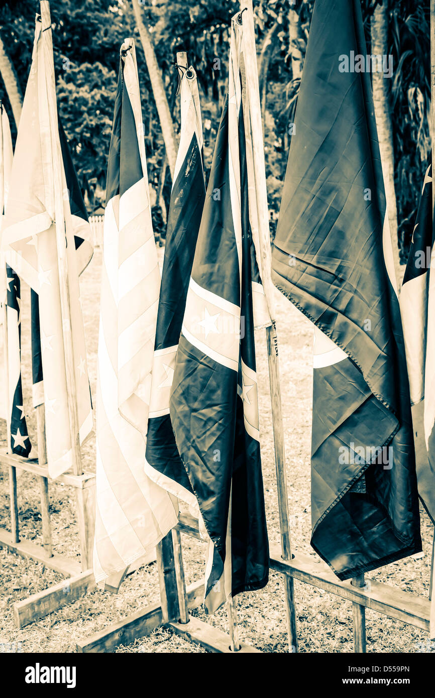 Flags of the Southern Confederate Army at the Gamble Plantation in Florida Stock Photo