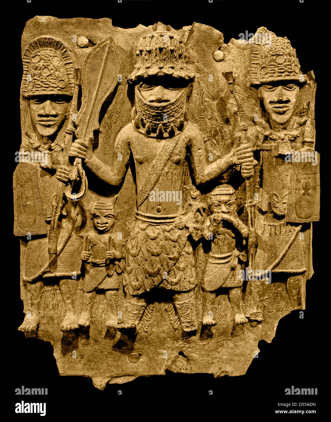 Bronze Brass plaque showing the Oba of Benin with attendants Edo