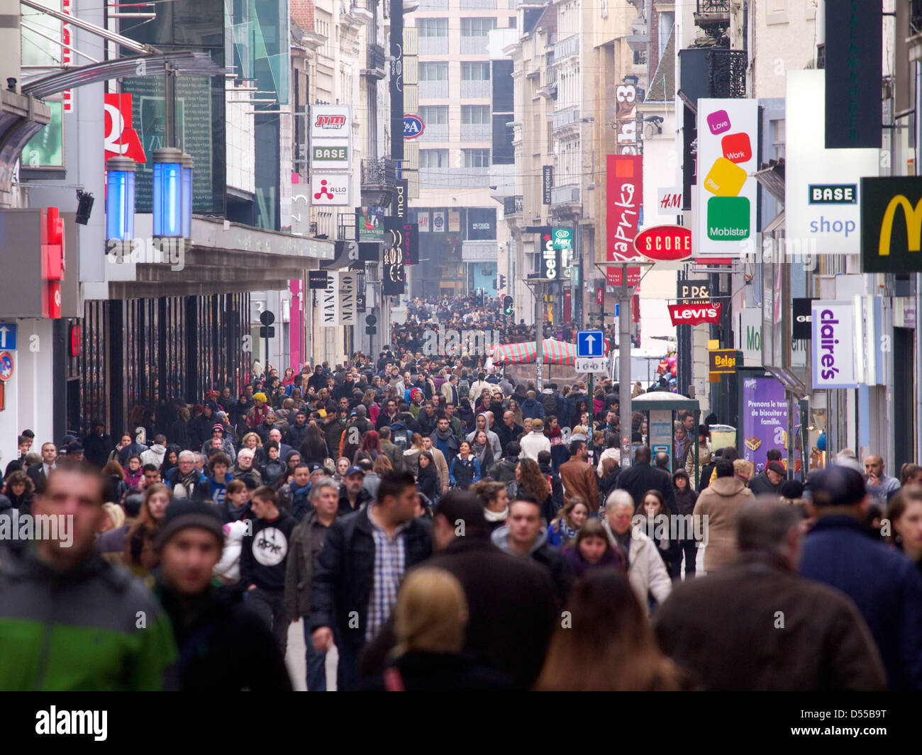 Nieuwstraat shopping street full of people. Brussels, Belgium Stock Photo