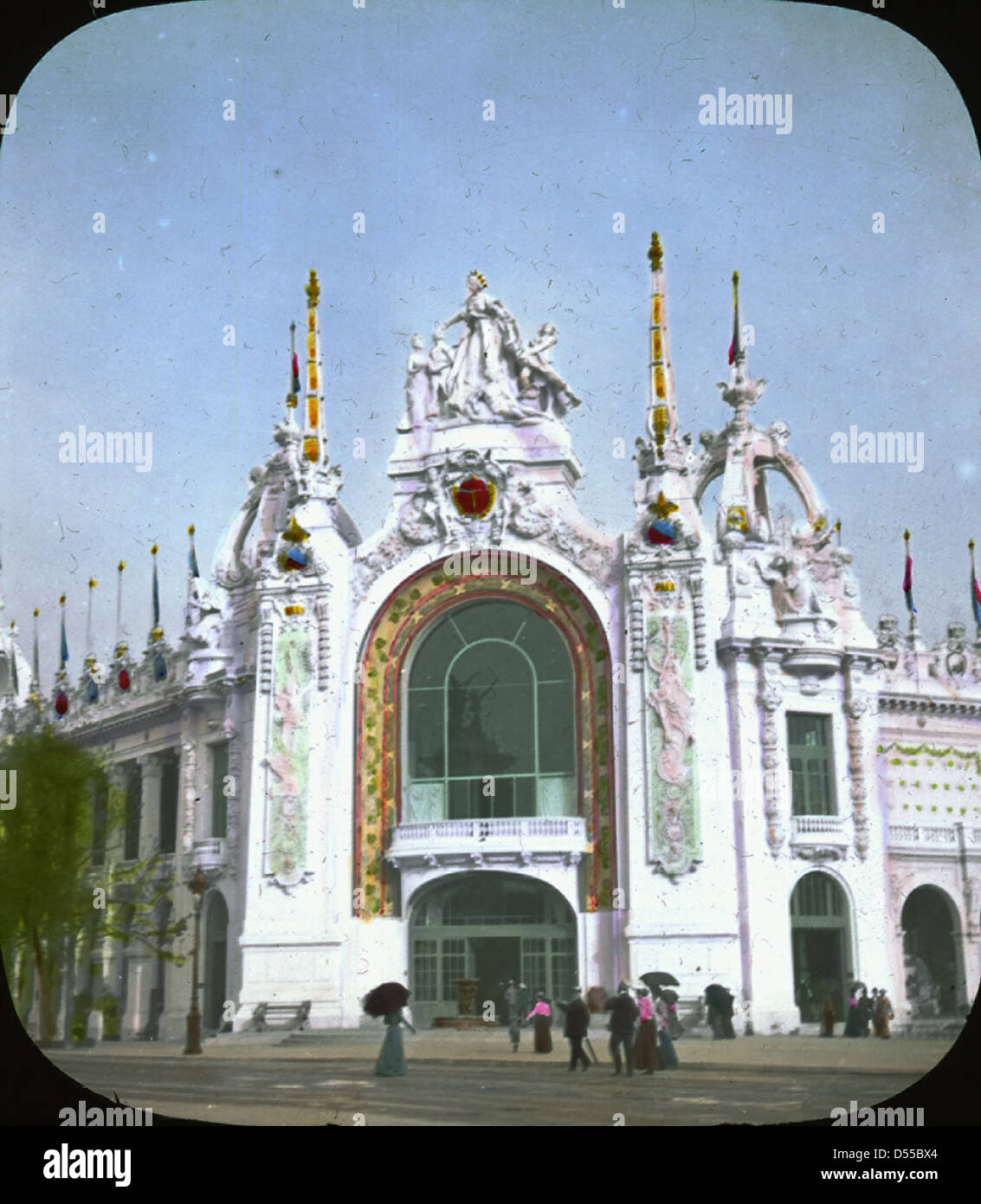 A photograph of the Palace of Decorative Arts at the 1900 Paris Exposition, showcasing the art deco and Beaux Arts architectural styles that influenced European design during the early 20th century. Stock Photo