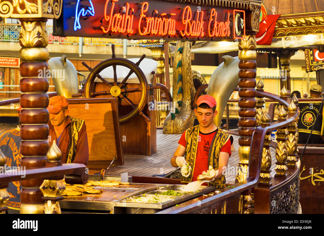 Traditional boats cooking and selling food, Eminonu, Galeta bridge, Istanbul, Turkey, Europe Stock Photo