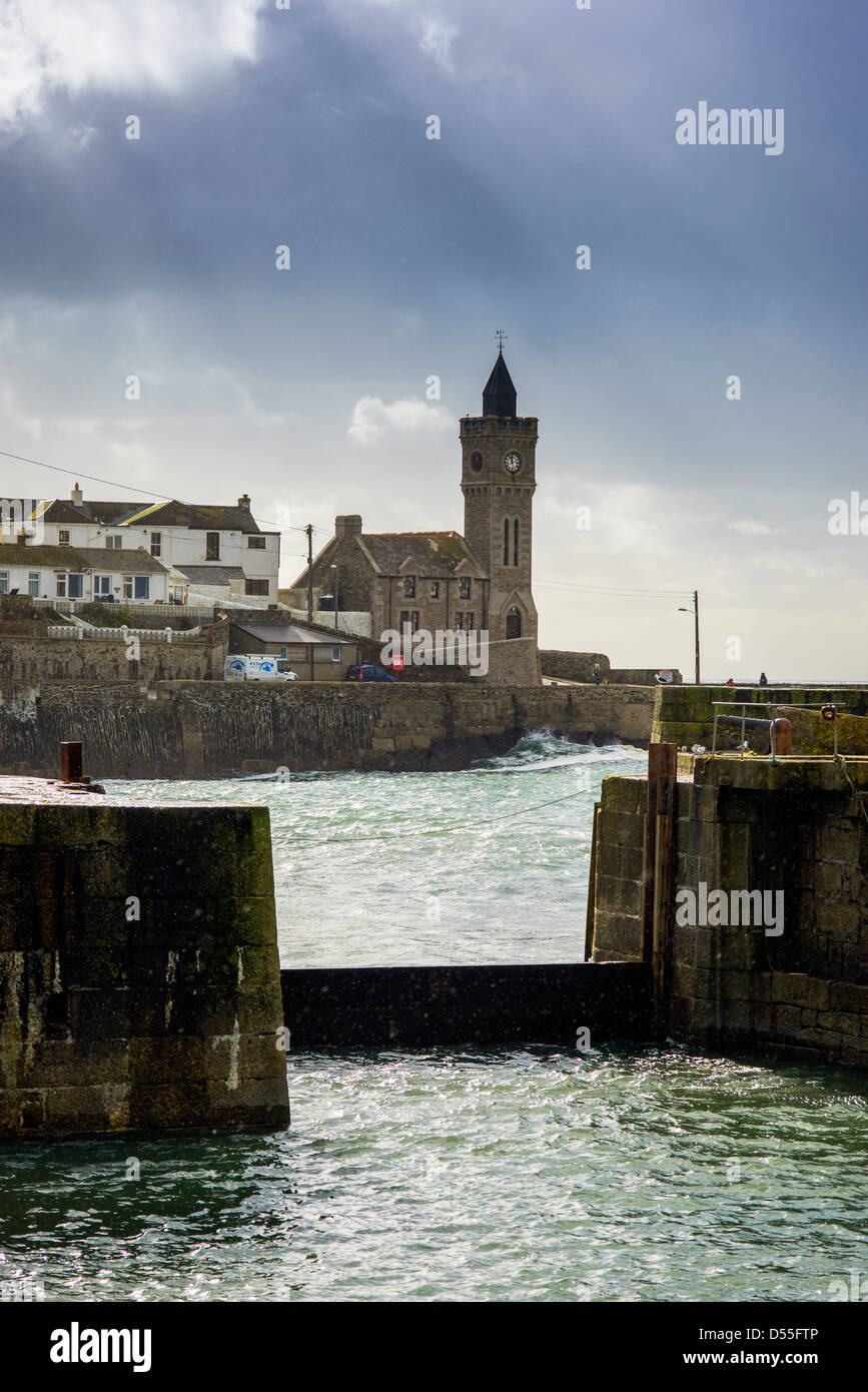 Sunlight over Porthleven harbour and church, Cornwall Stock Photo Alamy